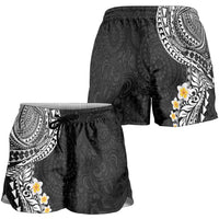 Hawaiian Tribal Tattoo and Plumeria Shorts for Women Polynesian Pattern Black Color