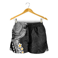 Hawaiian Tribal Tattoo and Plumeria Shorts for Women Polynesian Pattern Black Color
