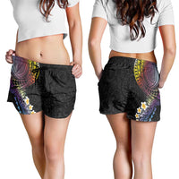 Hawaiian Tribal Tattoo and Plumeria Shorts for Women Polynesian Pattern Rainbow