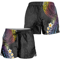 Hawaiian Tribal Tattoo and Plumeria Shorts for Women Polynesian Pattern Rainbow