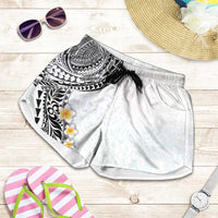 Hawaiian Tribal Tattoo and Plumeria Shorts for Women Polynesian Pattern White Color