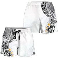 Hawaiian Tribal Tattoo and Plumeria Shorts for Women Polynesian Pattern White Color
