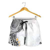 Hawaiian Tribal Tattoo and Plumeria Shorts for Women Polynesian Pattern White Color