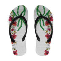 Hawaiian Tropical Flowers and Maile Pikake Flip Flops Polynesian Tribal Pattern White Color LT03 White - Polynesian Pride