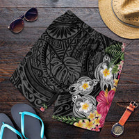 Hawaiian Tropical Flowers and Tribal Turtles Shorts for Men Polynesian Art Motifs Black Color LT03 Black - Polynesian Pride