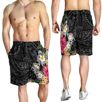 Hawaiian Tropical Flowers and Tribal Turtles Shorts for Men Polynesian Art Motifs Black Color LT03 - Polynesian Pride
