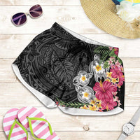 Hawaiian Tropical Flowers and Tribal Turtles Shorts for Women Polynesian Art Motifs Black Color LT03 Black - Polynesian Pride