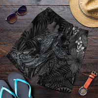 Hawaiian Tropical Plants and Tribal Whales Shorts for Men Polynesian Art Tattoo Grayscale