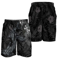Hawaiian Tropical Plants and Tribal Whales Shorts for Men Polynesian Art Tattoo Grayscale