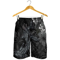 Hawaiian Tropical Plants and Tribal Whales Shorts for Men Polynesian Art Tattoo Grayscale