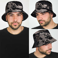 Hawaiian Tropical Plants Turtle and Shark Bucket Hat Polynesian Art Tattoo Grayscale Color LT03