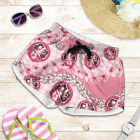 Japanese Daruma Doll Palaka Shorts for Women Cherry Blossoms With Shell Lei LT14 Pink - Polynesian Pride