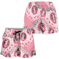 Japanese Daruma Doll Palaka Shorts for Women Cherry Blossoms With Shell Lei LT14 - Polynesian Pride