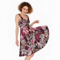 Japanese Hawaiian Crane Midi Dress Soft Pink Tapa Patchwork Pattern