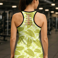 Lime Green Hawaii Kalo Palaka Motifs Hollow Tank Top Hawaiian Taro Leaves Elegant Vibes