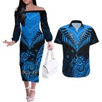 Personalised New Zealand Couples Matching Off The Shoulder Long Sleeve Dress and Hawaiian Shirt Aotearoa Blue Maori Kiwi Blue Fern LT01 Blue - Polynesian Pride