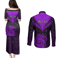 Personalised Aotearoa Couples Matching Puletasi Dress and Long Sleeve Button Shirts Maori Kiwi Purple Fern LT01 - Polynesian Pride