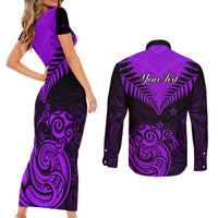Personalised Aotearoa Couples Matching Short Sleeve Bodycon Dress and Long Sleeve Button Shirts Maori Kiwi Purple Fern LT01 - Polynesian Pride
