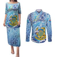 Tuvalu mo te Atua Couples Matching Puletasi and Long Sleeve Button Shirt Tuvalu Dolphin Polynesian Pattern