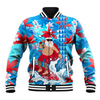 Hawaii Christmas Baseball Jacket Santa Claus Surfing Kakau Tropical Style LT01 Unisex Blue - Polynesian Pride