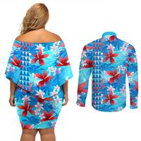 Hawaii Christmas Couples Matching Off Shoulder Short Dress and Long Sleeve Button Shirt Santa Claus Surfing Kakau Tropical Style LT01 - Polynesian Pride