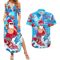 Hawaii Christmas Couples Matching Summer Maxi Dress and Hawaiian Shirt Santa Claus Surfing Kakau Tropical Style LT01 Blue - Polynesian Pride