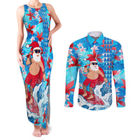 Hawaii Christmas Couples Matching Tank Maxi Dress and Long Sleeve Button Shirt Santa Claus Surfing Kakau Tropical Style LT01 Blue - Polynesian Pride