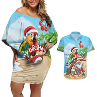 Personalized Hawaii Santa Parrot Christmas Couples Matching Off Shoulder Short Dress and Hawaiian Shirt Summer Vibe - Polynesian Pride