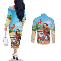 Personalized Hawaii Santa Parrot Christmas Couples Matching Off The Shoulder Long Sleeve Dress and Long Sleeve Button Shirt Summer Vibe - Polynesian Pride