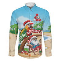 Personalized Hawaii Santa Parrot Christmas Family Matching Mermaid Dress and Hawaiian Shirt Summer Vibe LT01 Dad's Shirt - Long Sleeve Blue - Polynesian Pride