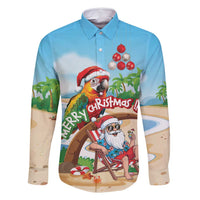 Personalized Hawaii Santa Parrot Christmas Family Matching Off Shoulder Maxi Dress and Hawaiian Shirt Summer Vibe LT01 Dad's Shirt - Long Sleeve Blue - Polynesian Pride