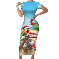 Personalized Hawaii Santa Parrot Christmas Family Matching Short Sleeve Bodycon Dress and Hawaiian Shirt Summer Vibe LT01 Mom's Dress Blue - Polynesian Pride
