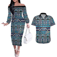 Maori Matariki Couples Matching Off The Shoulder Long Sleeve Dress and Hawaiian Shirt Blue Galaxy Aesthetic Koru Art