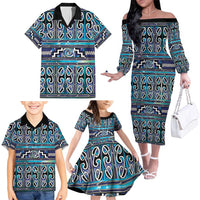 Maori Matariki Family Matching Off The Shoulder Long Sleeve Dress and Hawaiian Shirt Blue Galaxy Aesthetic Koru Art LT01 - Polynesian Pride