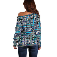 Maori Matariki Off Shoulder Sweater Blue Galaxy Aesthetic Koru Art