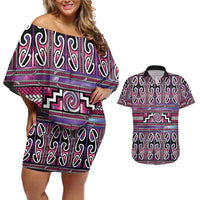 Maori Matariki Couples Matching Off Shoulder Short Dress and Hawaiian Shirt Pink Galaxy Aesthetic Koru Art