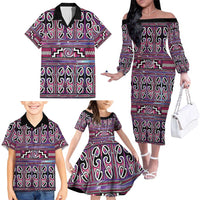 Maori Matariki Family Matching Off The Shoulder Long Sleeve Dress and Hawaiian Shirt Pink Galaxy Aesthetic Koru Art LT01 - Polynesian Pride