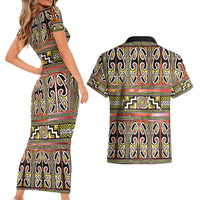 Maori Matariki Couples Matching Short Sleeve Bodycon Dress and Hawaiian Shirt Yellow Galaxy Aesthetic Koru Art LT01 - Polynesian Pride