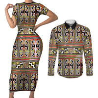 Maori Matariki Couples Matching Short Sleeve Bodycon Dress and Long Sleeve Button Shirt Yellow Galaxy Aesthetic Koru Art