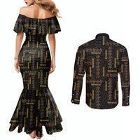 Hawaii Brown Plumeria Lei Black Couples Matching Mermaid Dress and Long Sleeve Button Shirt Frangipani Floral Heritage Art LT01 - Polynesian Pride