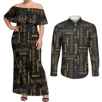 Hawaii Brown Plumeria Lei Black Couples Matching Off Shoulder Maxi Dress and Long Sleeve Button Shirt Frangipani Floral Heritage Art LT01 Black - Polynesian Pride