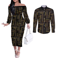 Hawaii Brown Plumeria Lei Black Couples Matching Off The Shoulder Long Sleeve Dress and Long Sleeve Button Shirt Frangipani Floral Heritage Art LT01 Black - Polynesian Pride