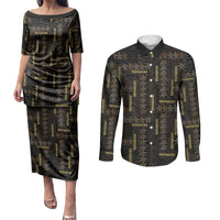 Hawaii Brown Plumeria Lei Black Couples Matching Puletasi and Long Sleeve Button Shirt Frangipani Floral Heritage Art LT01 Black - Polynesian Pride