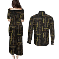 Hawaii Brown Plumeria Lei Black Couples Matching Puletasi and Long Sleeve Button Shirt Frangipani Floral Heritage Art LT01 - Polynesian Pride