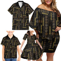 Hawaii Brown Plumeria Lei Black Family Matching Off Shoulder Short Dress and Hawaiian Shirt Frangipani Floral Heritage Art LT01 - Polynesian Pride