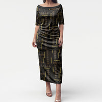 Hawaii Brown Plumeria Lei Black Puletasi Frangipani Floral Heritage Art LT01 Long Dress Black - Polynesian Pride