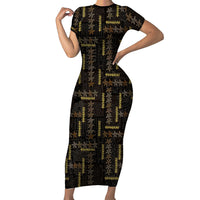 Hawaii Brown Plumeria Lei Black Short Sleeve Bodycon Dress Frangipani Floral Heritage Art LT01 Long Dress Black - Polynesian Pride