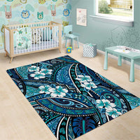 Polynesian Hibiscus Tropical Blue Floral Area Rug Tribal Pattern - Polynesian Pride