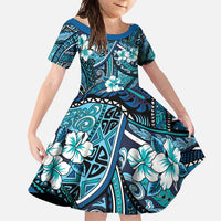 Polynesian Hibiscus Tropical Blue Floral Family Matching Long Sleeve Bodycon Dress and Hawaiian Shirt Tribal Pattern - Polynesian Pride