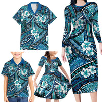 Polynesian Hibiscus Tropical Blue Floral Family Matching Long Sleeve Bodycon Dress and Hawaiian Shirt Tribal Pattern - Polynesian Pride